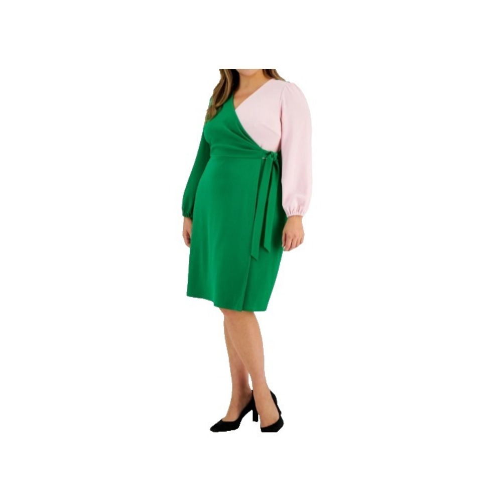 NWT Kasper Size XXL Apple Green Pink Colorblock Faux Wrap Front Dress